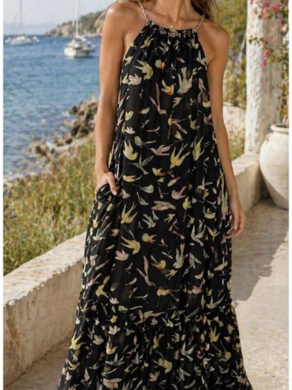 NWT Chelsea & Violet Black Maxi Halter Dress Novelty Bird Print Sz M Multicolor